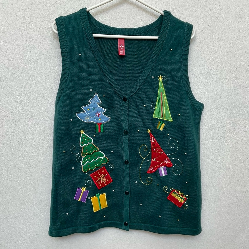 Dark Green Button Up Christmas Tree Print Ugly Sweater Vest Size Med Holiday